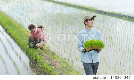 田植えをする2人の農家(バナー) 田植えをする2人の農家(バナー) 140204347