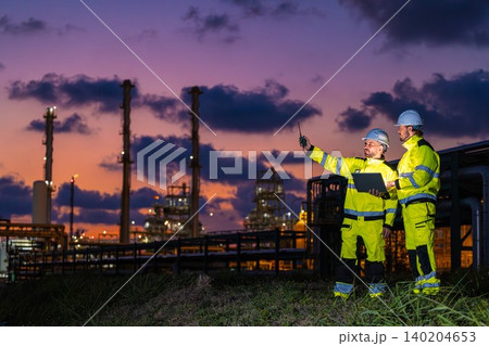 Professional Engineer Team Working at Refinery plant background twilight evening. Oil Gas Energy man 140204653