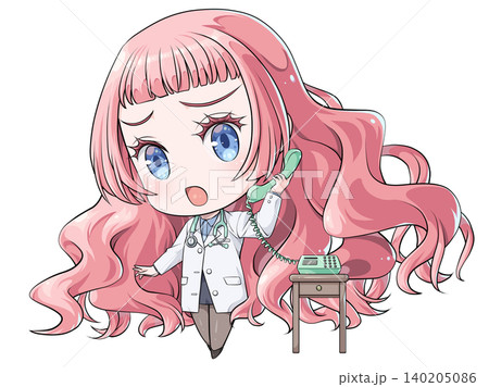 受話器を持って話すピンク髪の医師。日本のアニメ風のちびキャラ。困惑する少女 受話器を持って話すピンク髪の医師。日本のアニメ風のちびキャラ。困惑する少女 140205086