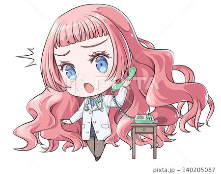 受話器を持って話すピンク髪の医師。日本のアニメ風のちびキャラ。ショックを受ける少女 受話器を持って話すピンク髪の医師。日本のアニメ風のちびキャラ。ショックを受ける少女 140205087