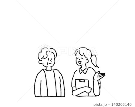 高齢者への説明と相談対応をする看護師のイメージイラスト、線画 高齢者への説明と相談対応をする看護師のイメージイラスト、線画 140205140