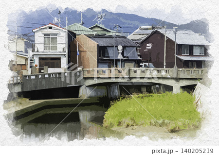 水彩画風　柳井　柳井川　柳西橋　山口県柳井市 140205219