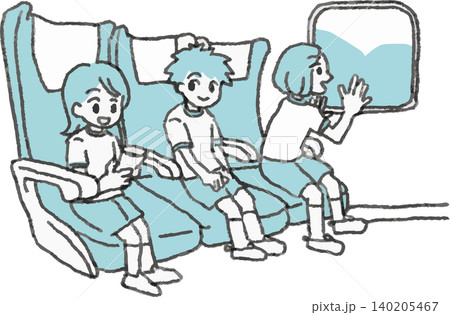 修学旅行の新幹線内で楽しそうに過ごす小学生のコミカルな2色イラスト 140205467