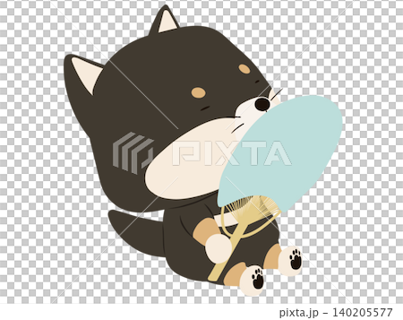 うちわで扇ぐ黒柴 140205577