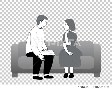 A couple (husband and wife/partners) are sitting on a sofa; the man is listening to the woman's concerns. A couple (husband and wife/partners) are sitting on a sofa; the man is listening to the woman's concerns. 140205586