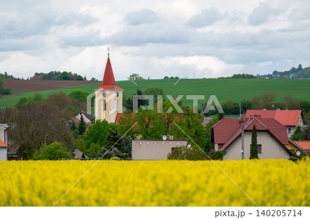 Landscape near Libosovice in Cesky Raj Czech Republic with a village church as a landmark Blooming rapeseed fields in foreground and farmland stretching into distance 140205714