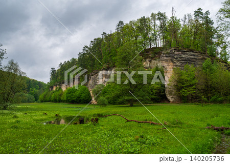 Spring meadow in Bohemian Paradise (Cesky Raj in Czech speak) surrounded by iconic sandstone rock formations. Fresh green grass, blooming wildflowers and cloudy skies create a peaceful atmosphere. Spring meadow in Bohemian Paradise (Cesky Raj in Czech speak) surrounded by iconic sandstone rock formations. Fresh green grass, blooming wildflowers and cloudy skies create a peaceful atmosphere. 140205736