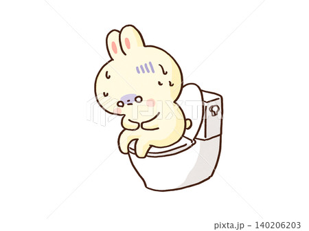 苦しそうにお腹を抱えてトイレで力むうさぎ（腹痛・下痢・便秘） 140206203
