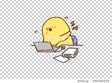 A chick painfully tries to loosen its stiff neck and shoulders from working on a laptop (VDT syndrome). 140206204