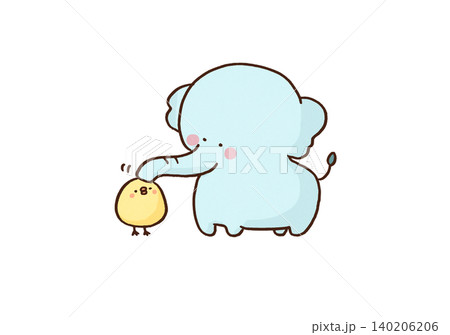 長い鼻でひよこの頭を優しく撫でる象(異種間交流・思いやり) 長い鼻でひよこの頭を優しく撫でる象(異種間交流・思いやり) 140206206