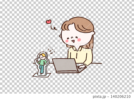仕事中にデスクの上の推しのアクスタを眺めてニヤける女性（推し活・癒し） 140206210