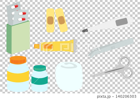 一組醫療用品和常用藥品的向量插圖。 一組醫療用品和常用藥品的向量插圖。 140206303