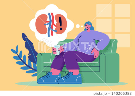 Woman sitting on a sofa feeling flank pain, showing kidney problem concept in corporate memphis style. Flat design vector illustration. Woman sitting on a sofa feeling flank pain, showing kidney problem concept in corporate memphis style. Flat design vector illustration. 140206388