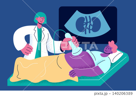 Female doctor performing a renal ultrasound on a male patient in corporate memphis style. Flat design vector illustration. 140206389