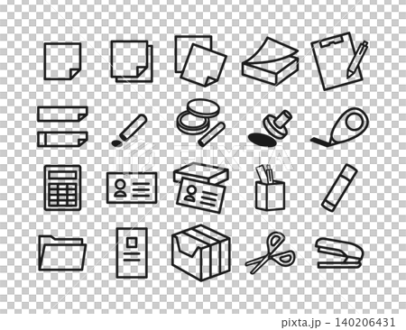 Stationery and office supplies line art icon set of 21 types: sticky notes, binders, stamps, calculators, business cards, scissors, etc. Stationery and office supplies line art icon set of 21 types: sticky notes, binders, stamps, calculators, business cards, scissors, etc. 140206431
