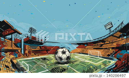 Soccer ball spinning at the middle of stadium with confetti hand drawn childish style on clear sky background have blank space. Soccer ball spinning at the middle of stadium with confetti hand drawn childish style on clear sky background have blank space. 140206497