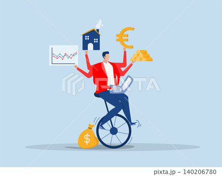 businessman investor juggling finance asset, real estate, currency, gold, saving and stock market graph riding unicycle one wheel.savings and stock market charts riding a unicycle. 140206780