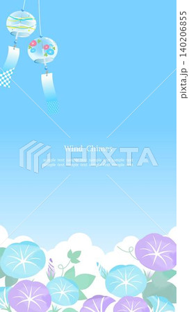紫の朝顔と風鈴が揺れる爽やかな夏の青空フレーム 青背景 縦長16:9 140206855