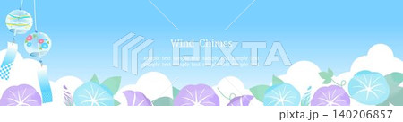 紫の朝顔と風鈴が揺れる爽やかな夏の青空フレーム 青背景 Webバナー用 紫の朝顔と風鈴が揺れる爽やかな夏の青空フレーム 青背景 Webバナー用 140206857