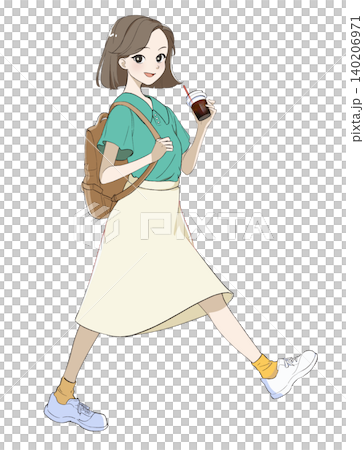 一個女人端著咖啡走路的插圖 一個女人端著咖啡走路的插圖 140206971
