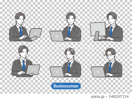 A set of 6 types of computer operations for businessmen (male office workers, suits, laptops, desktops, desk work) A set of 6 types of computer operations for businessmen (male office workers, suits, laptops, desktops, desk work) 140207154