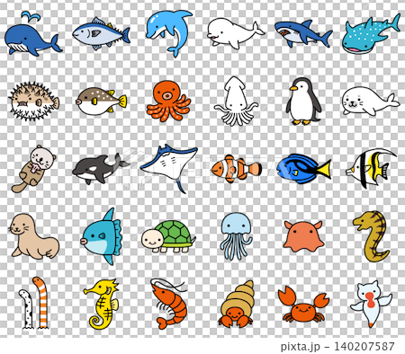 一組可愛又流行風格的海洋生物插畫圖示。 一組可愛又流行風格的海洋生物插畫圖示。 140207587