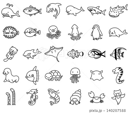 ポップでかわいい海の生き物のイラストアイコンセット(モノクロ) ポップでかわいい海の生き物のイラストアイコンセット(モノクロ) 140207588