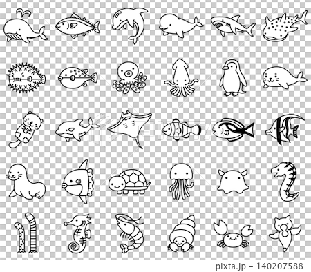 A set of cute and pop-style illustration icons of sea creatures (monochrome). A set of cute and pop-style illustration icons of sea creatures (monochrome). 140207588