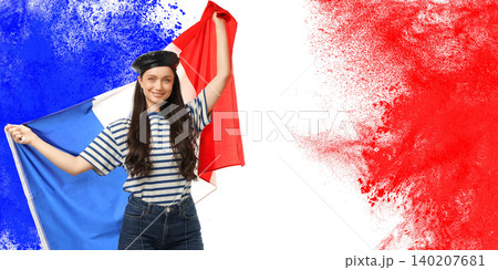 Young woman waves flag in vibrant space. Travel and vacation concept shines through Young woman waves flag in vibrant space. Travel and vacation concept shines through 140207681