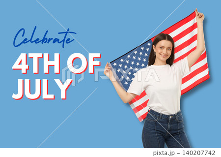 USA 250, Woman waves American flag. Patriotism and celebration concept USA 250, Woman waves American flag. Patriotism and celebration concept 140207742
