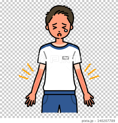 一幅插圖,描繪了一名國中或高中男生因曬傷而皮膚刺痛的情景。 一幅插圖,描繪了一名國中或高中男生因曬傷而皮膚刺痛的情景。 140207789