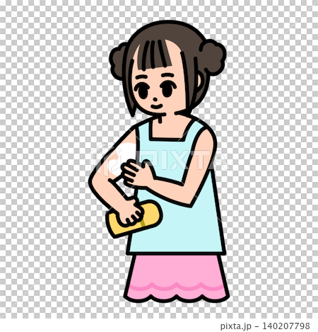 一幅女孩塗抹防曬霜的插圖。 一幅女孩塗抹防曬霜的插圖。 140207798