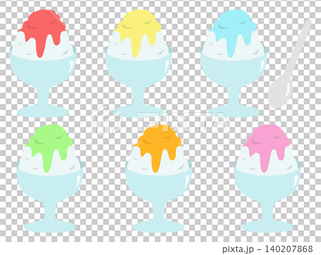 A set of colorful illustrations of shaved ice in various flavors. 140207868