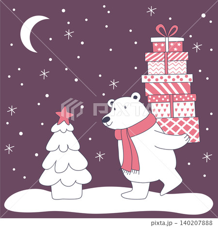 ピンクのマフラーを巻いたかわいいホッキョクグマが、美しくラッピングされたクリスマスプレゼントを高く積 ピンクのマフラーを巻いたかわいいホッキョクグマが、美しくラッピングされたクリスマスプレゼントを高く積 140207888