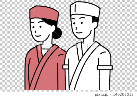 日本餐廳的一男一女兩名員工,面向前方。 日本餐廳的一男一女兩名員工,面向前方。 140208015