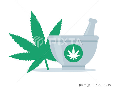 Cannabis Leaf with Mortar and Pestle for Herbal Medicine 140208939