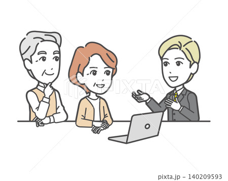 資産運用の相談をするシニア夫婦とビジネスマン 資産運用の相談をするシニア夫婦とビジネスマン 140209593