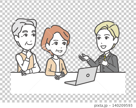 資産運用の相談をするシニア夫婦とビジネスマン 資産運用の相談をするシニア夫婦とビジネスマン 140209593