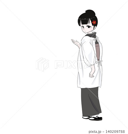 振り返って案内する割烹着姿の女性 振り返って案内する割烹着姿の女性 140209788