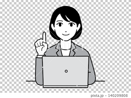 パソコンの前で指差して説明するスーツ姿の若い女性　会社員　正面 140209808