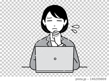 パソコンの前で顎に手を当てて不安そうなスーツ姿の若い女性　会社員　正面 140209809