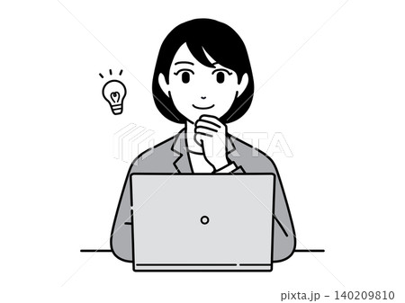パソコンの前で手を顎に当ててひらめくスーツ姿の若い女性 会社員 正面 パソコンの前で手を顎に当ててひらめくスーツ姿の若い女性 会社員 正面 140209810