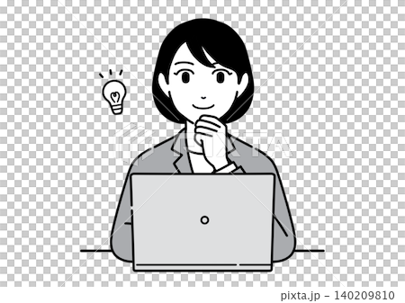 パソコンの前で手を顎に当ててひらめくスーツ姿の若い女性 会社員 正面 パソコンの前で手を顎に当ててひらめくスーツ姿の若い女性 会社員 正面 140209810
