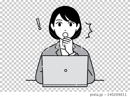 A young woman in a suit, an office worker, is shown in front of her computer, with her hand on her chin in surprise. (Front view) A young woman in a suit, an office worker, is shown in front of her computer, with her hand on her chin in surprise. (Front view) 140209811