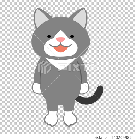 2本足で立っているかわいいグレーと白のハチワレ猫のイラスト ベクター 140209989