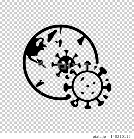 Planet Earth globe icon surrounded by viral cells indicating a global pandemic. Planet Earth globe icon surrounded by viral cells indicating a global pandemic. 140210113