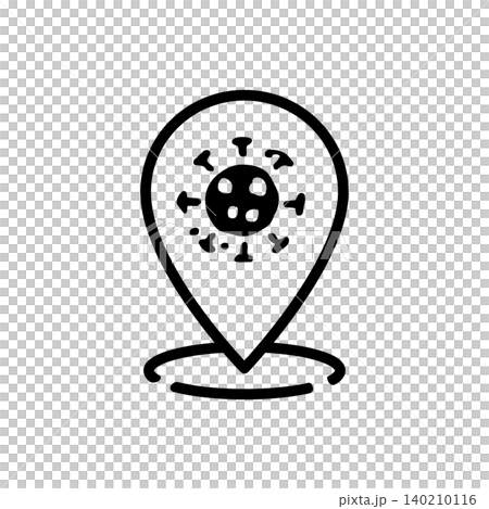 Map pin location icon enclosing a virus cell, marking an outbreak hotspot. 140210116