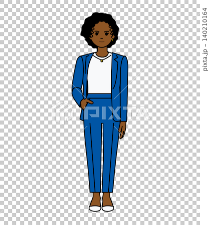 Full-body portrait of a Black businesswoman in a pantsuit, against a transparent background (illustration). Full-body portrait of a Black businesswoman in a pantsuit, against a transparent background (illustration). 140210164