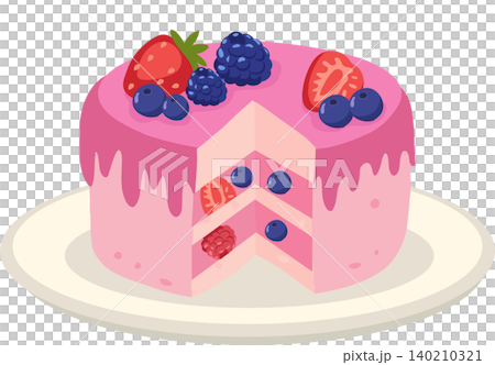 pink berry cake illustration with strawberry blueberry blackberry and raspberry on plate pink berry cake illustration with strawberry blueberry blackberry and raspberry on plate 140210321