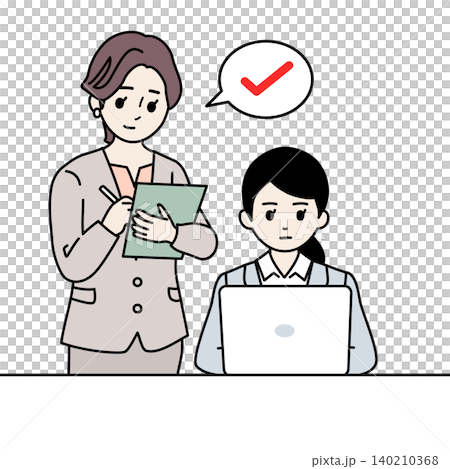 On-the-Job Training (OJT): Female senior employee evaluating female junior employee; training illustration. 140210368